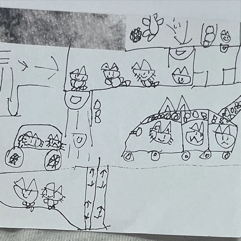 車や猫がボールペンで複数描かれた原画